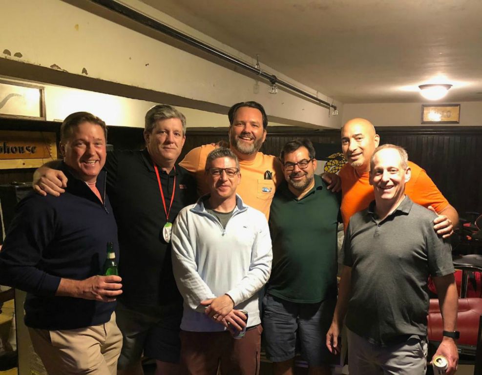 Strong showing from the early 90's with (left to right) Andy Hite '93, Greg Greene '92, Robert Cohen '93, Mark Meulenberg '93, Mike Sandler '92, Greg Dinkin '93 and Nat Wood '92 checking out the Chapter Room during our alumni reception.