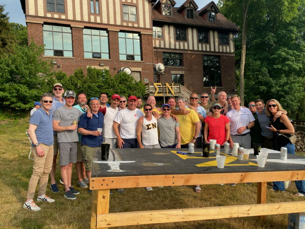 Sigma Nu '93 hangs out with Sigma Chi '93 at Reunion.